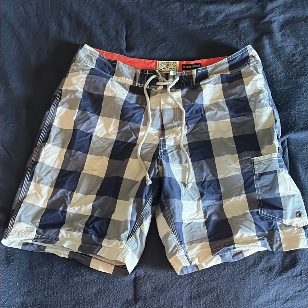 J. Crew Blue and White Board Shorts with Preppy Check Pattern